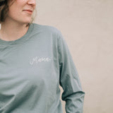 Mama Embroidered Long Sleeve T-shirt in Storm